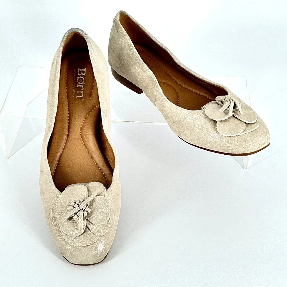 BORN Size 6 Petula Suede Flower Flat Beige Ballet Flats Shoes